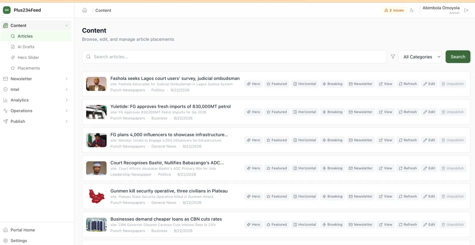 Content: article operations with placement actions (hero, featured, breaking, newsletter), and the six modules the portal is assembled from down the left.