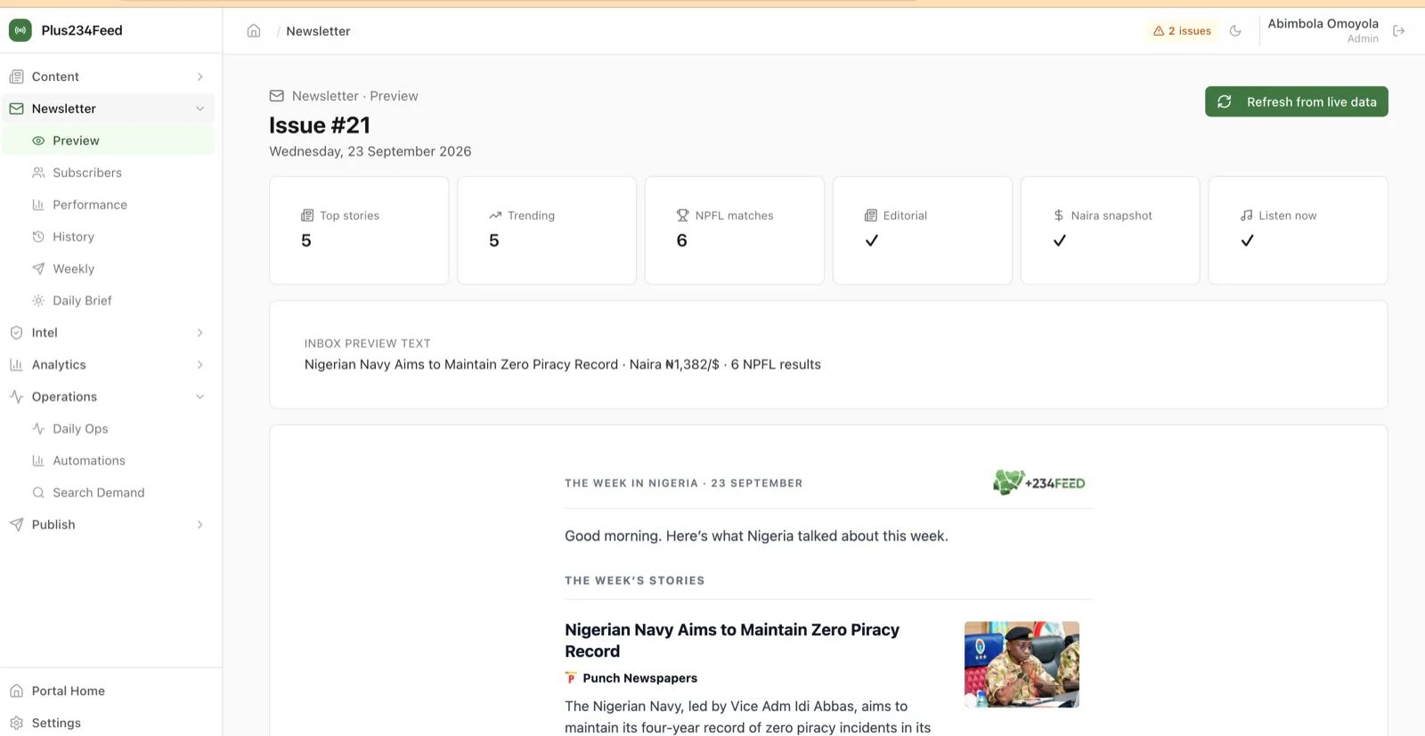 Newsletter: the issue built from live data and previewed exactly as it will land, before anyone approves it for sending.